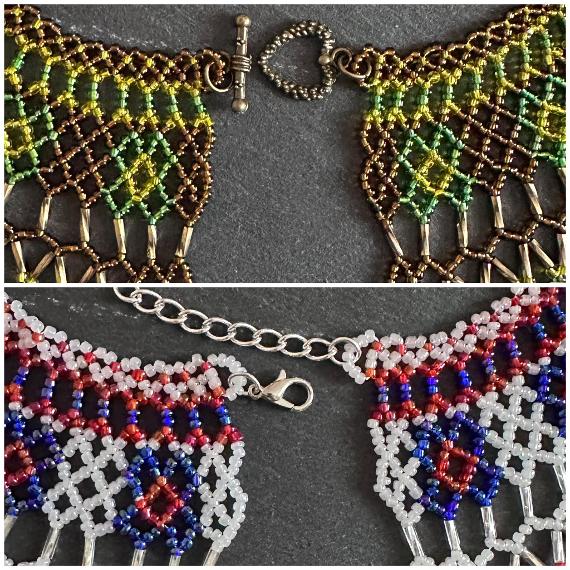 A beaded lace necklace.