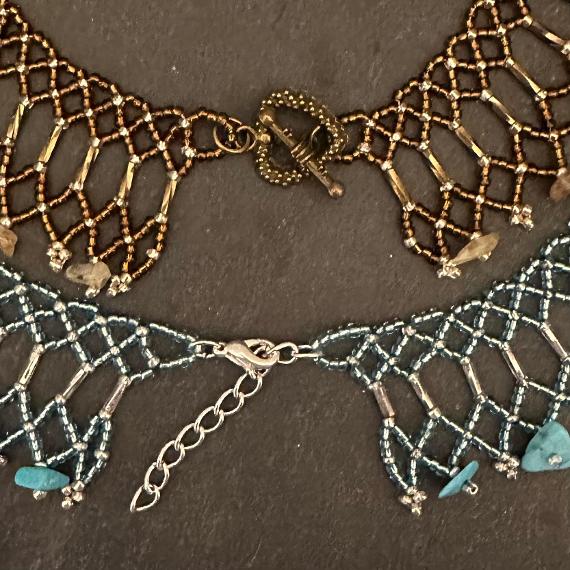 A beaded lace necklace.