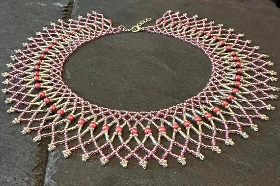 A beaded lace necklace.